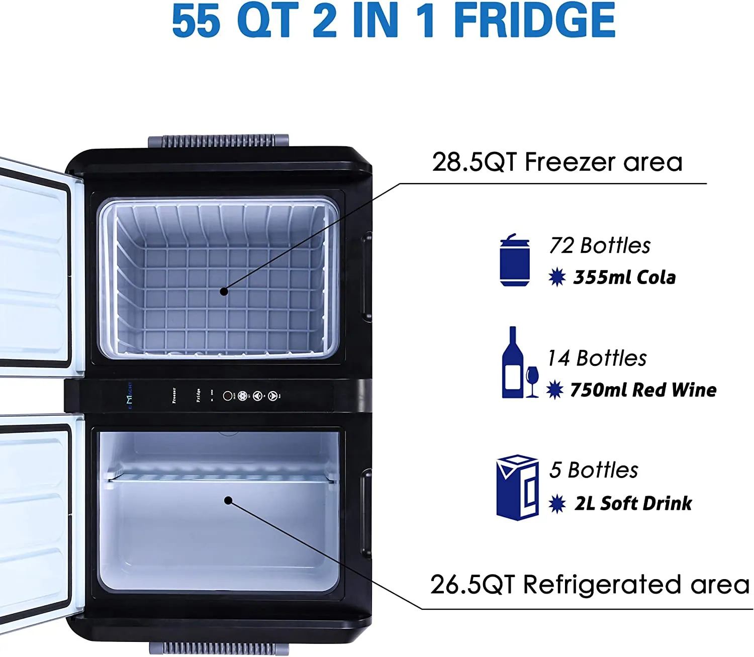 E-Macht 2 IN 1 Portable Car Refrigerator Freezer Shockproof Cooler 55-Quart, with LCD Display Double Doors
