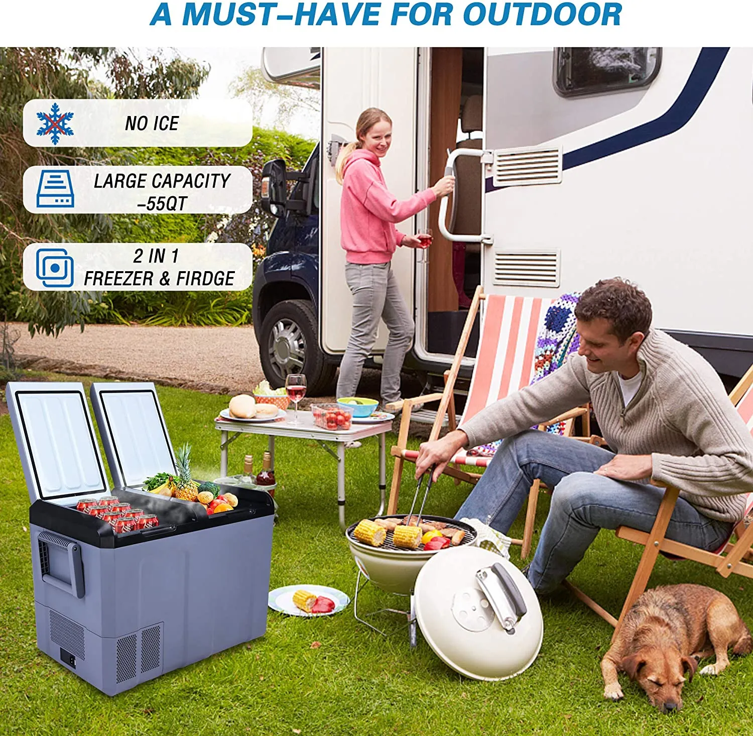 E-Macht 2 IN 1 Portable Car Refrigerator Freezer Shockproof Cooler 55-Quart, with LCD Display Double Doors