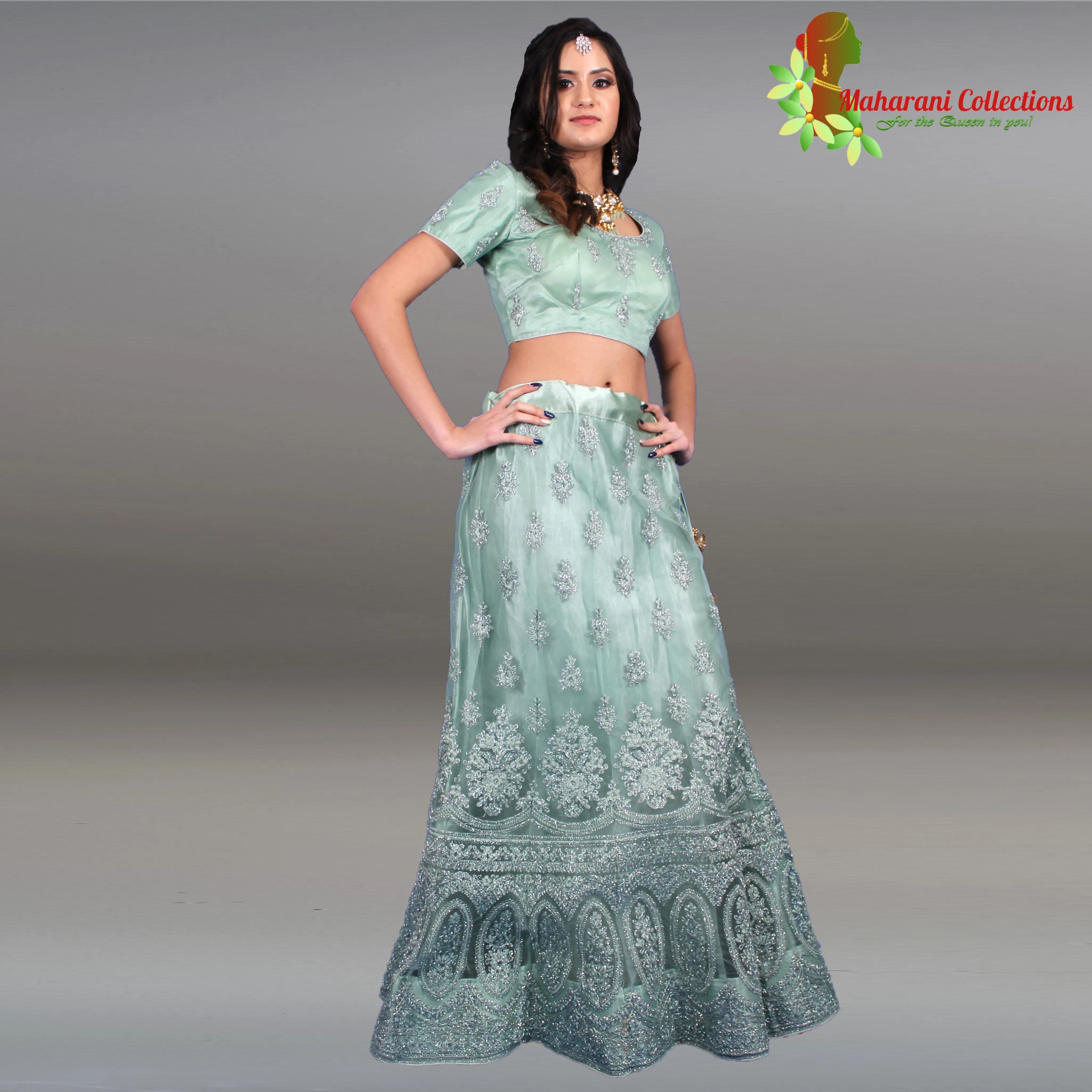 Maharani's Designer Net-Silk Lehenga - Moss Green with Zari and Sequins Embroidery