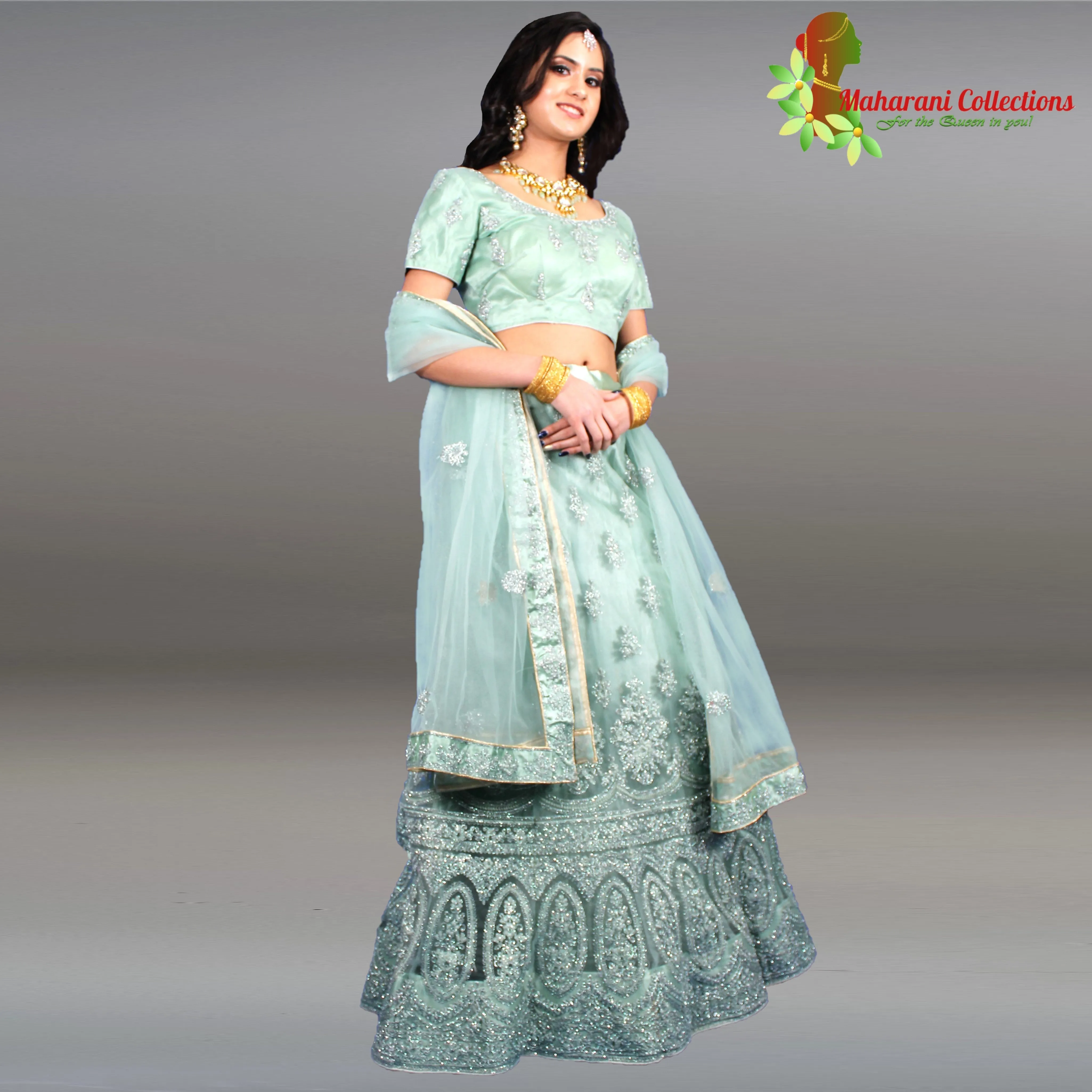 Maharani's Designer Net-Silk Lehenga - Moss Green with Zari and Sequins Embroidery