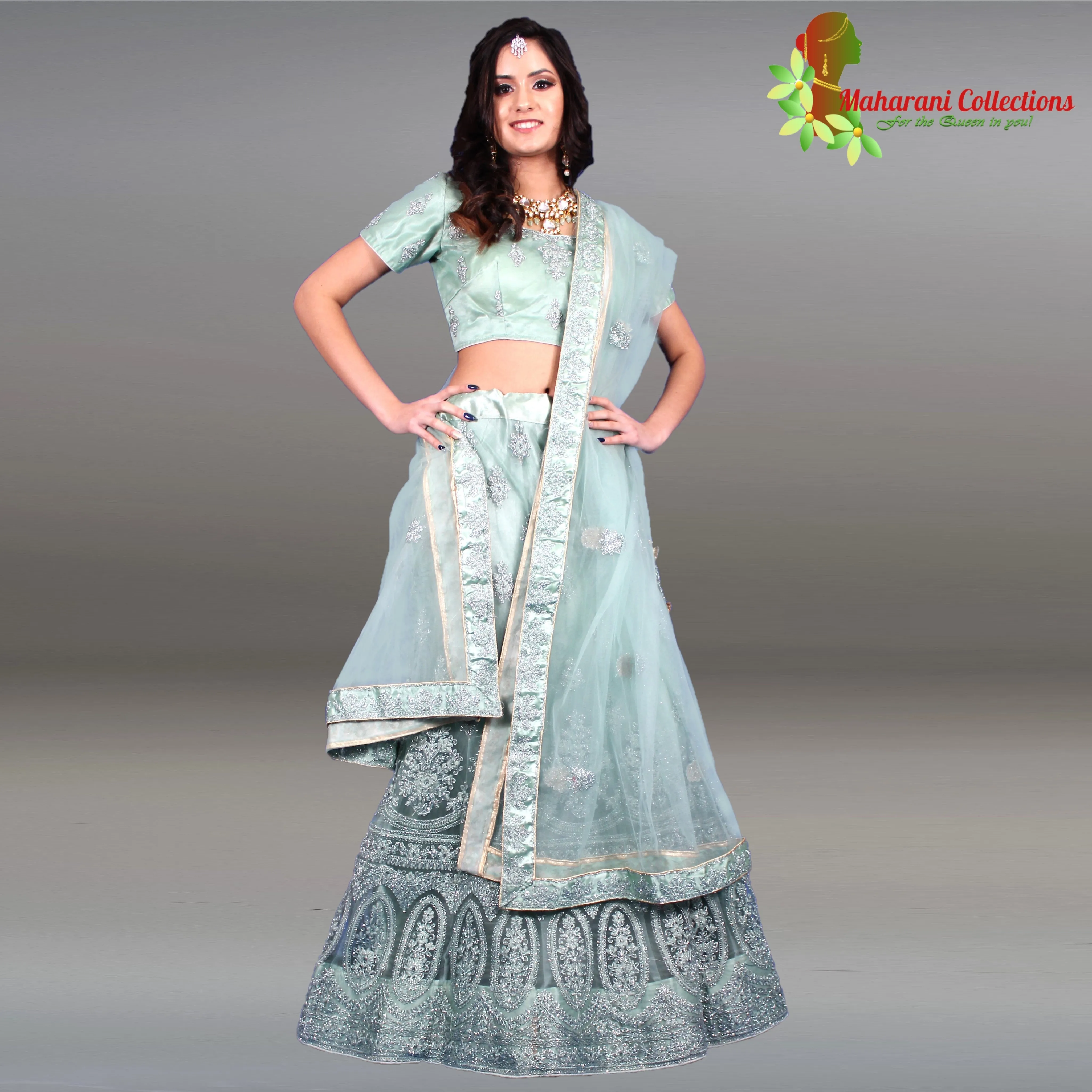 Maharani's Designer Net-Silk Lehenga - Moss Green with Zari and Sequins Embroidery