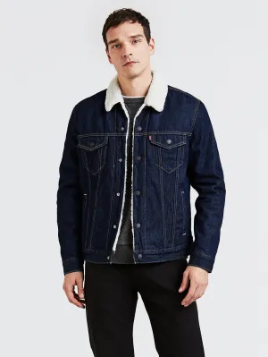 Men's Solid Dark Blue Shearling Jacket