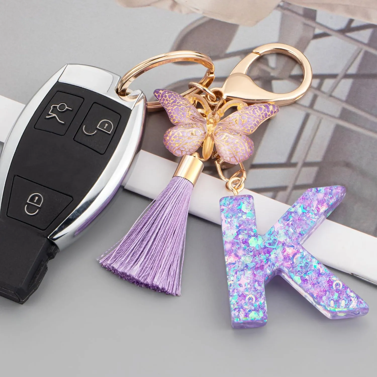 Suweibuke Colourful Cute Initial Letter Keychains for Women Girls with Tassel Butterfly, Charm for Purse Handbags Backpacks