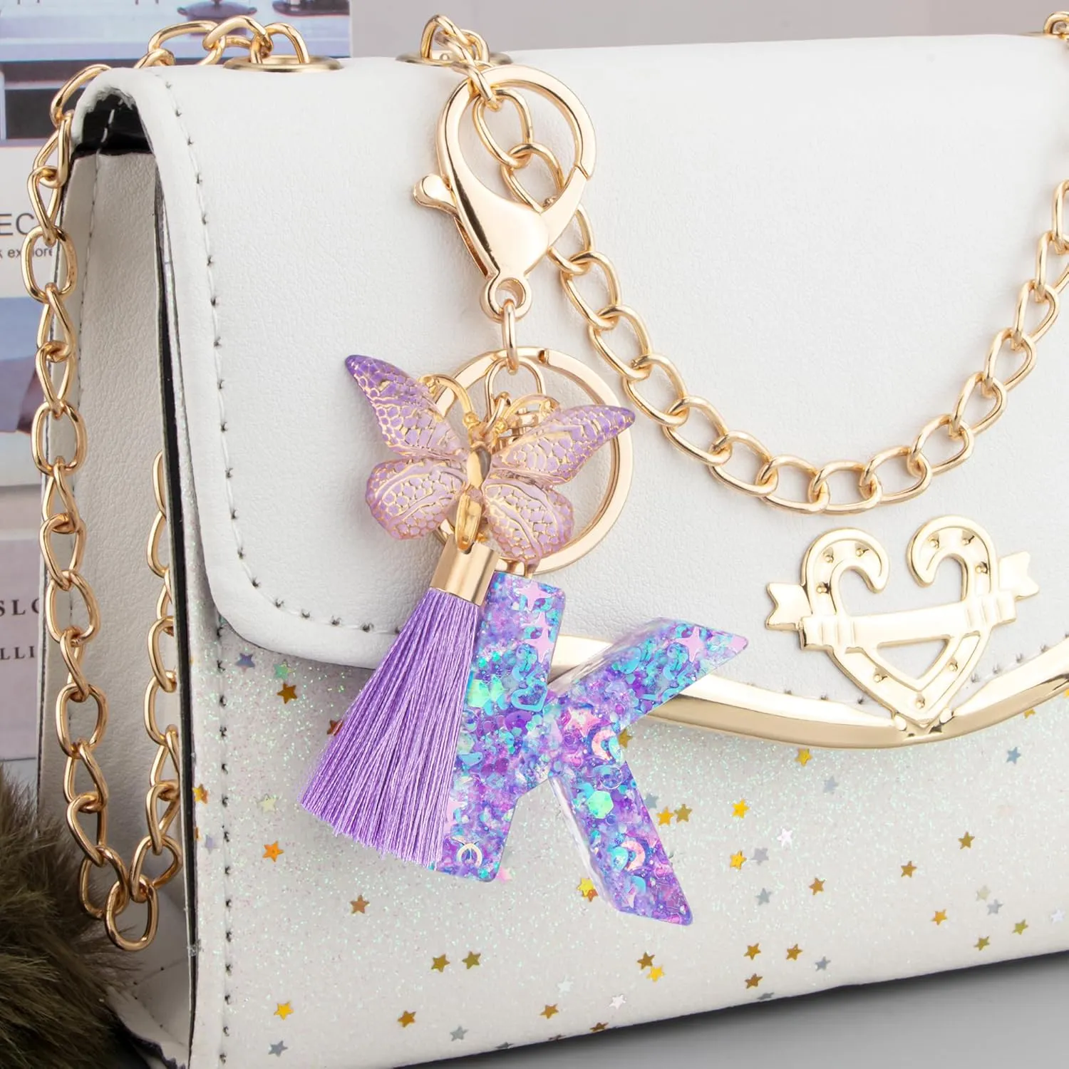 Suweibuke Colourful Cute Initial Letter Keychains for Women Girls with Tassel Butterfly, Charm for Purse Handbags Backpacks